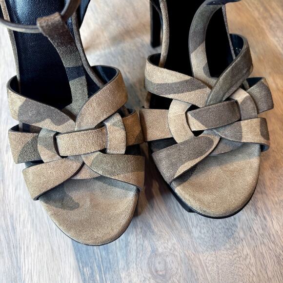 YSL Yves Saint Laurent Camouflage Green Suede Tribute Stiletto Heels Size 7.5 - Picture 7 of 14